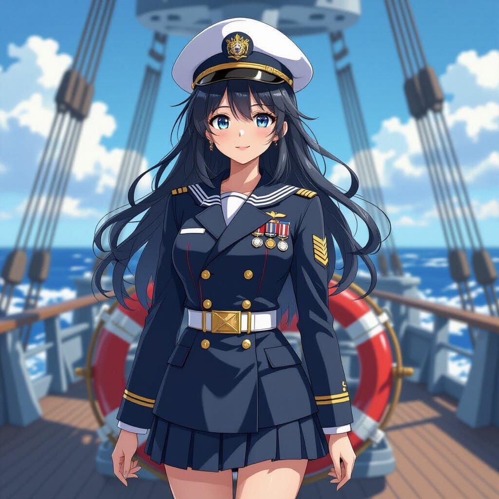 Anime Girl Admiral on Deck in Manga Style