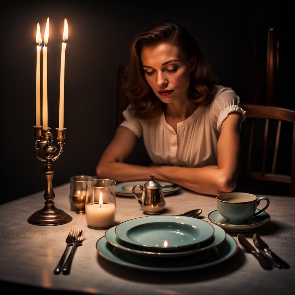 Moody Candlelit Table with Portrait, Atmospheric Vignette