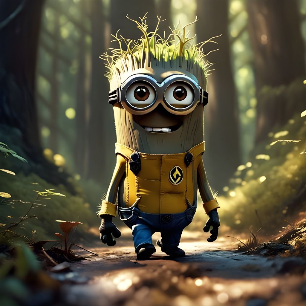 Minion Groot Walks in Detailed Forest Art