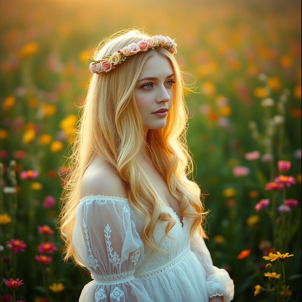 Serene Woman in Vibrant Wildflowers, Shot on 35mm Film