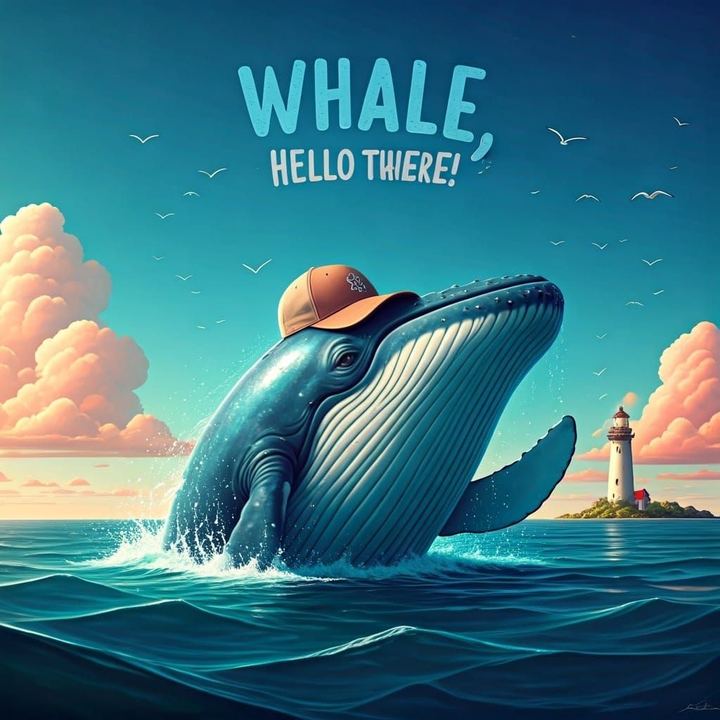 Whimsical Blue Whale in a Baseball Cap Rides the Waves