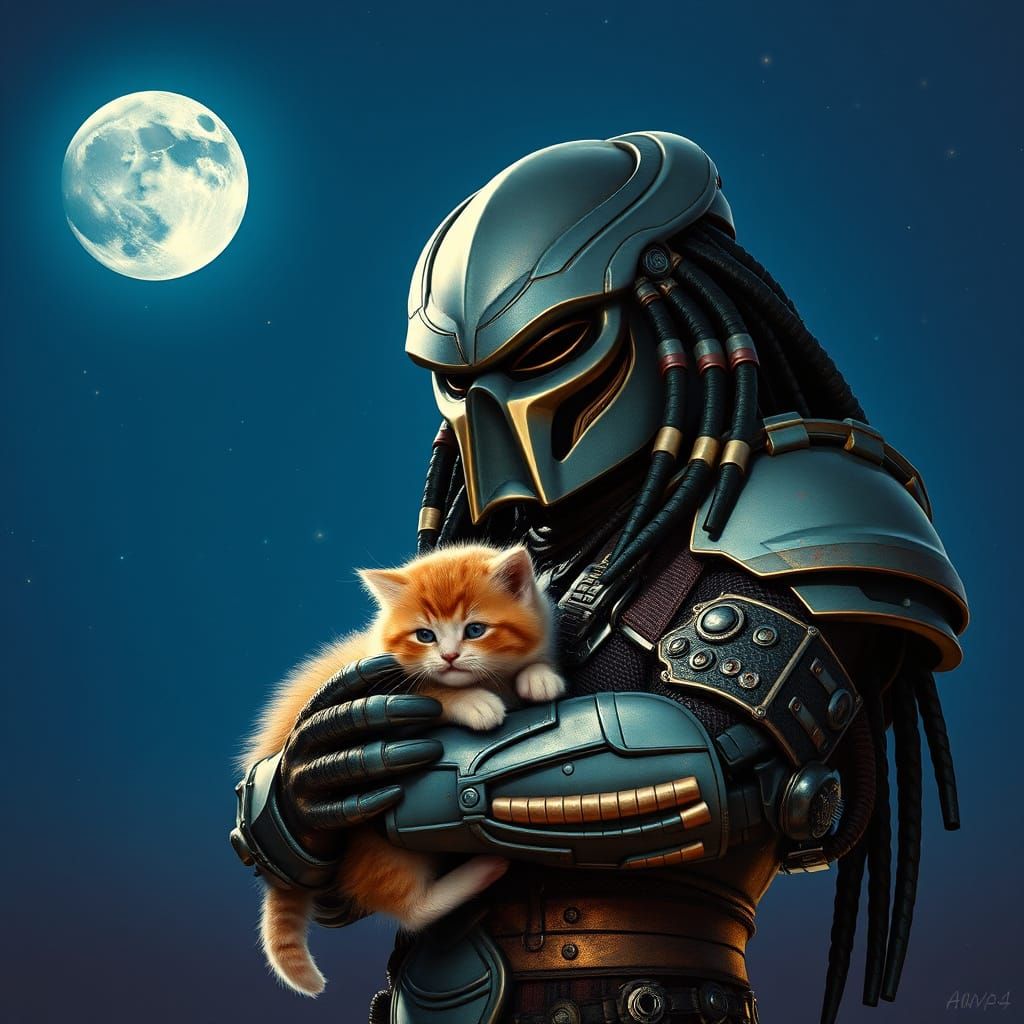 Gigantic Hunter from the Stars Tenderly Holds a Kitten in Co...