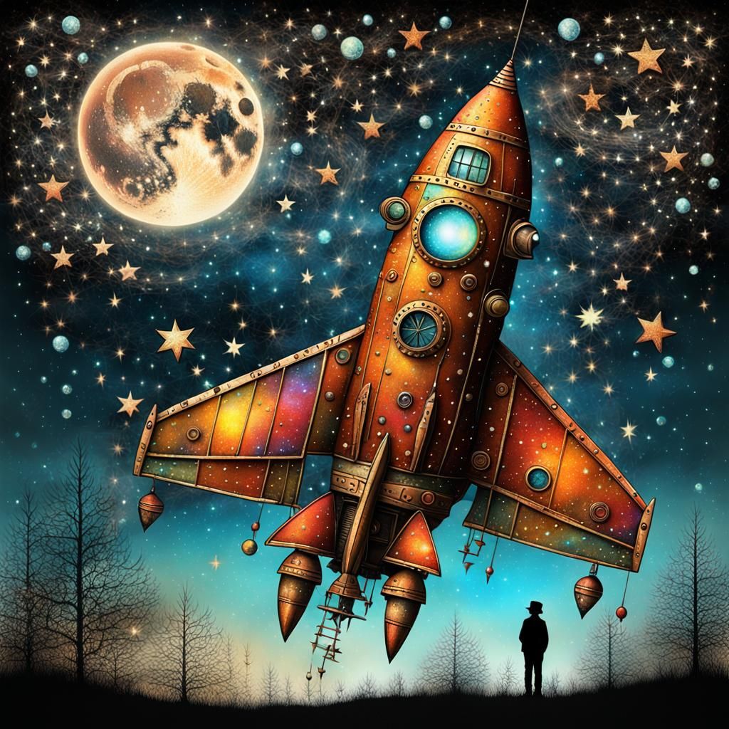 Steampunk Rocket Ship Under Starry Night Sky
