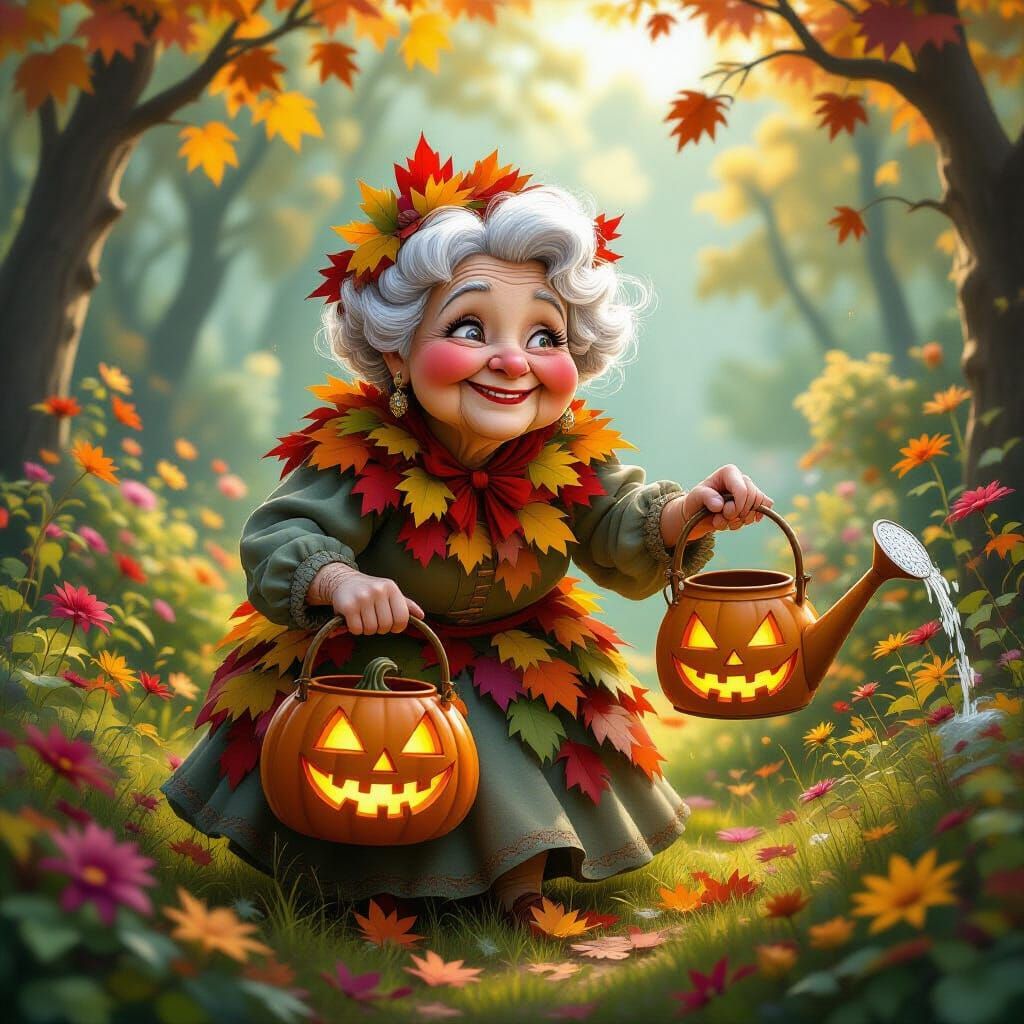 Elderly Enchantress Tends Magical Autumn Garden