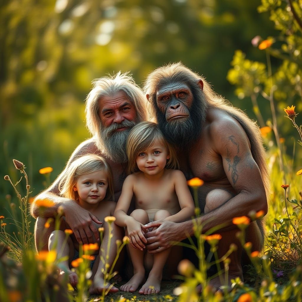 Evolved Neanderthal Family Portrait in Natural Light