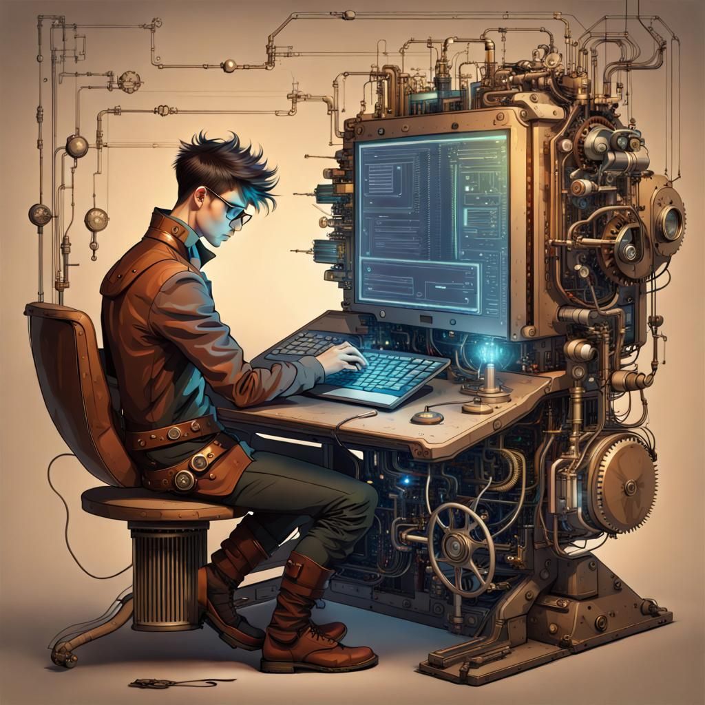 Young Programmer Inventing Algorithm with Steampunk Computer