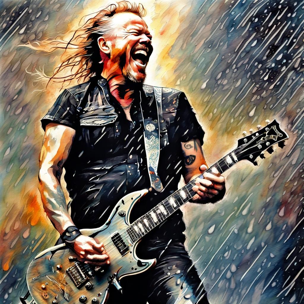 James Hetfield Laughing in Rain: Watercolor Art