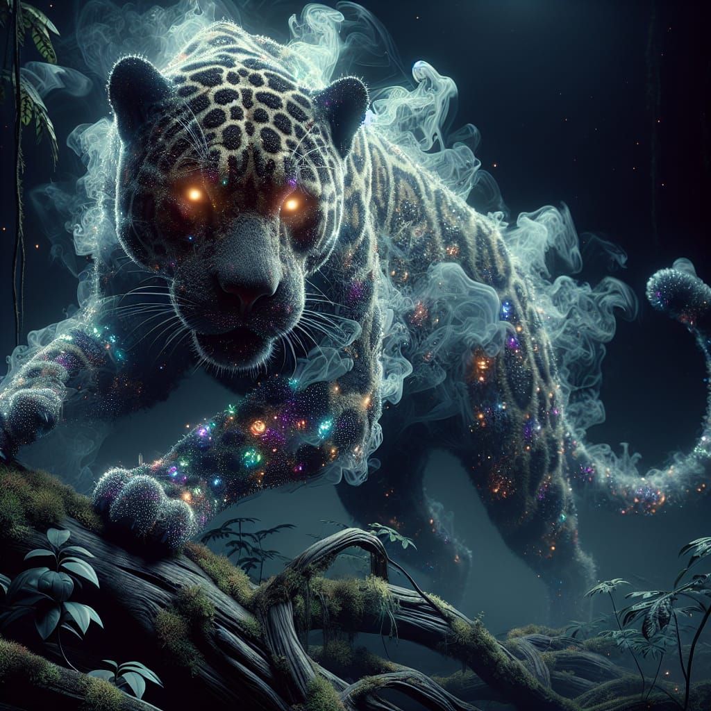 Smoke Jaguar with Holographic Spots in Jungle