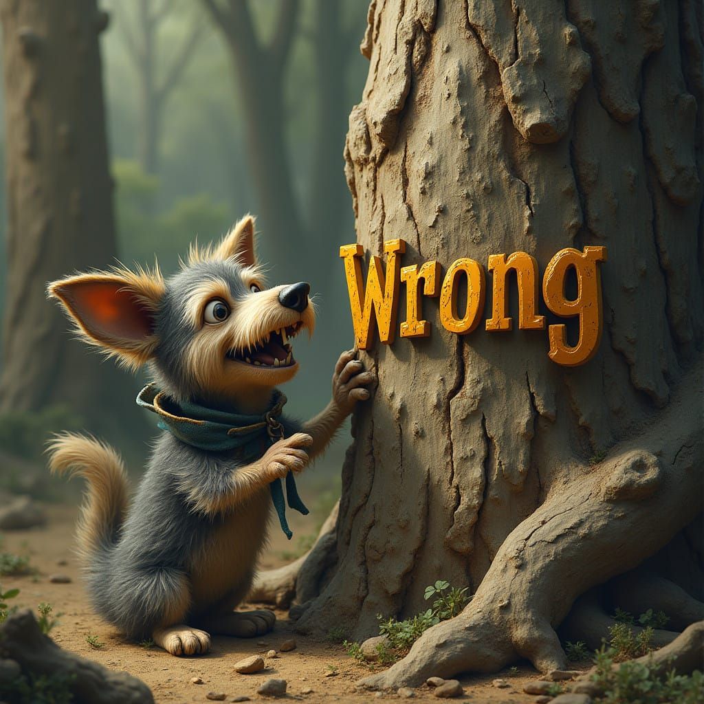 Fantastical Dog Confronts Grotesque Tree in Moody Landscape