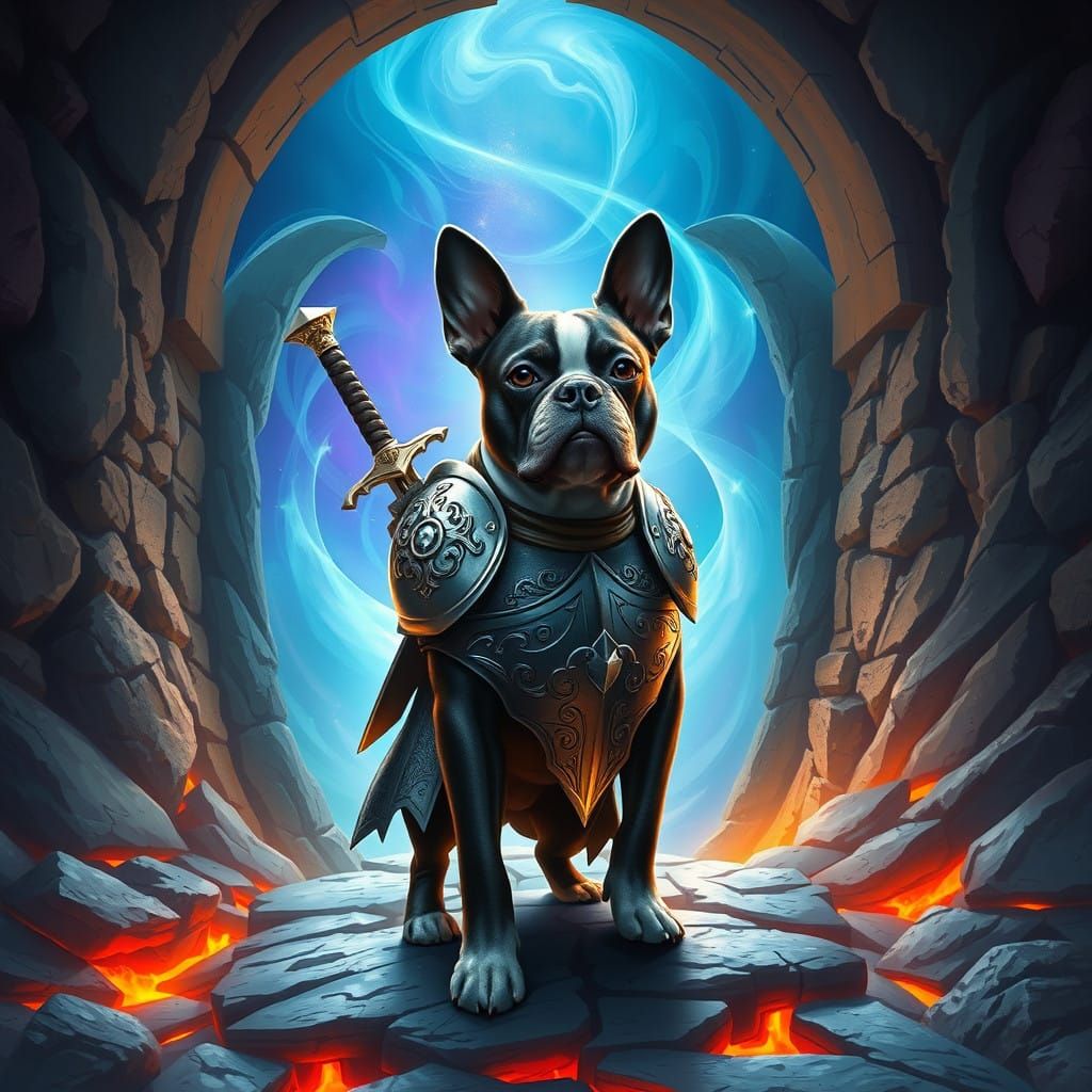 Fantasy Boston Terrier Paladin Steps Out of Mystical Portal
