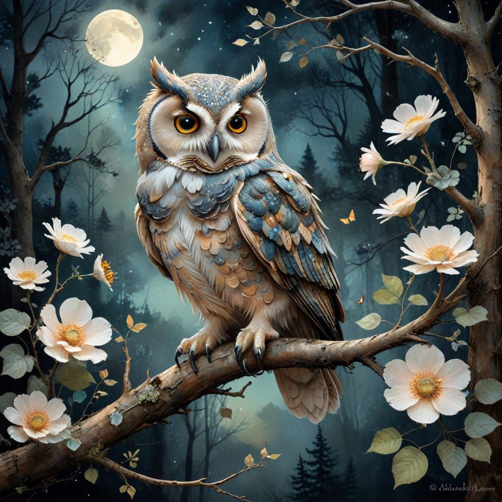 Whimsical Moonlit Woodland Scene in Textured Watercolors