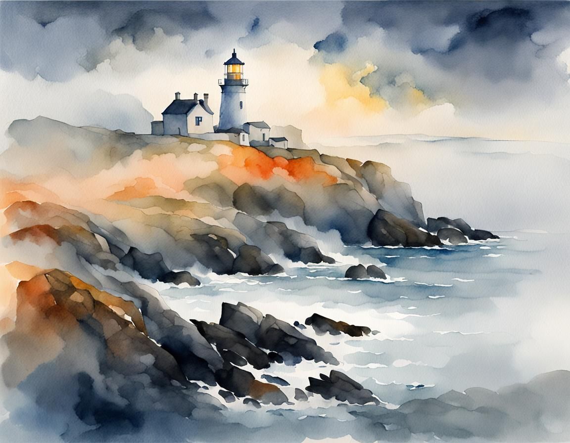 Brittany Lighthouse in Fog: Watercolor Impressionism