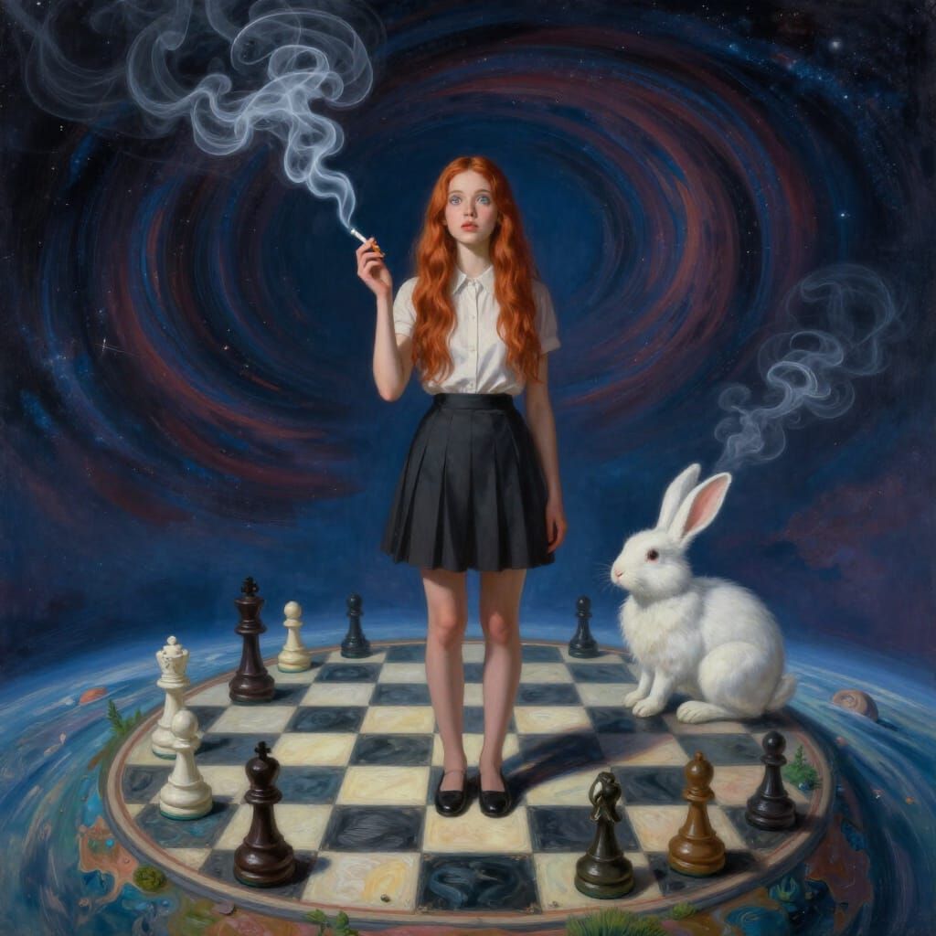 Woman on Chessboard Planet with Smoke Rabbit
