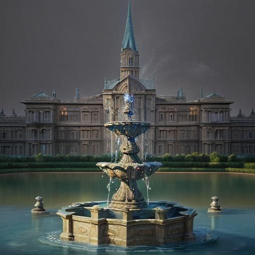 Oil Painting of Water Fountain Before Palace