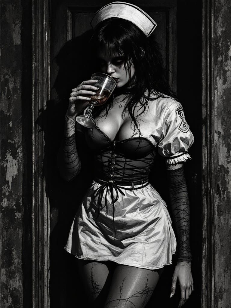 Gothic Nurse Pin-Up Sips Drink in Shadowed Horror