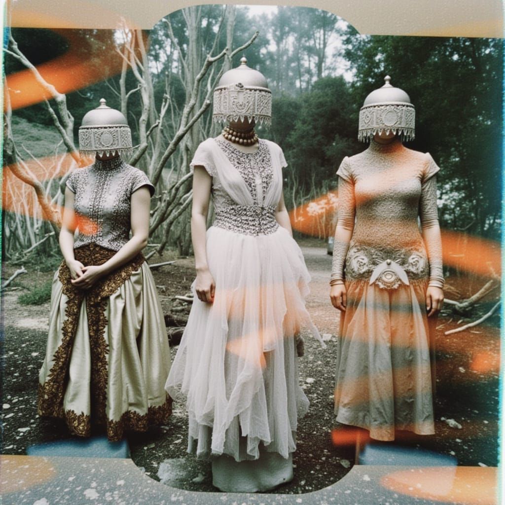 Mysterious Women in Gowns in Misty Forest, Double Exposure S...