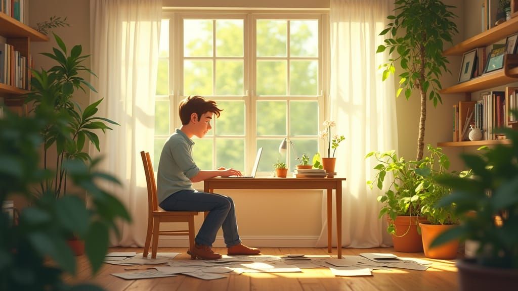 Man Working in Cozy Sunlit Office, Cottagecore Style