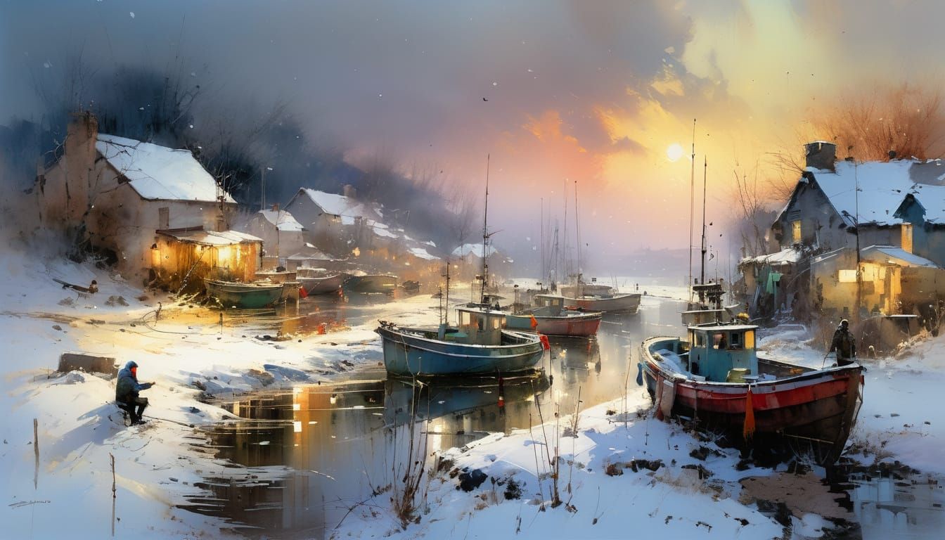 Winter Fishing Village Sunrise Watercolor Painting
