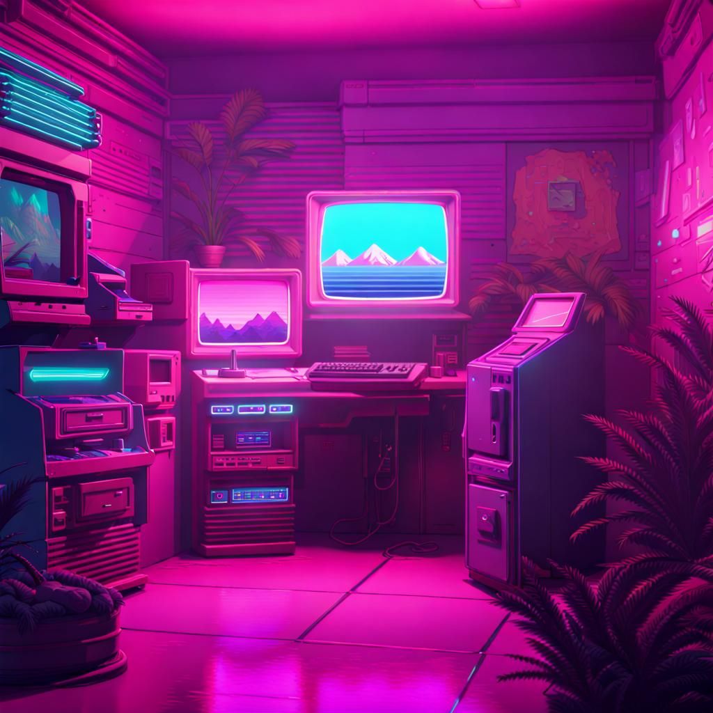 Vaporwave 80s Game Scene in 2D