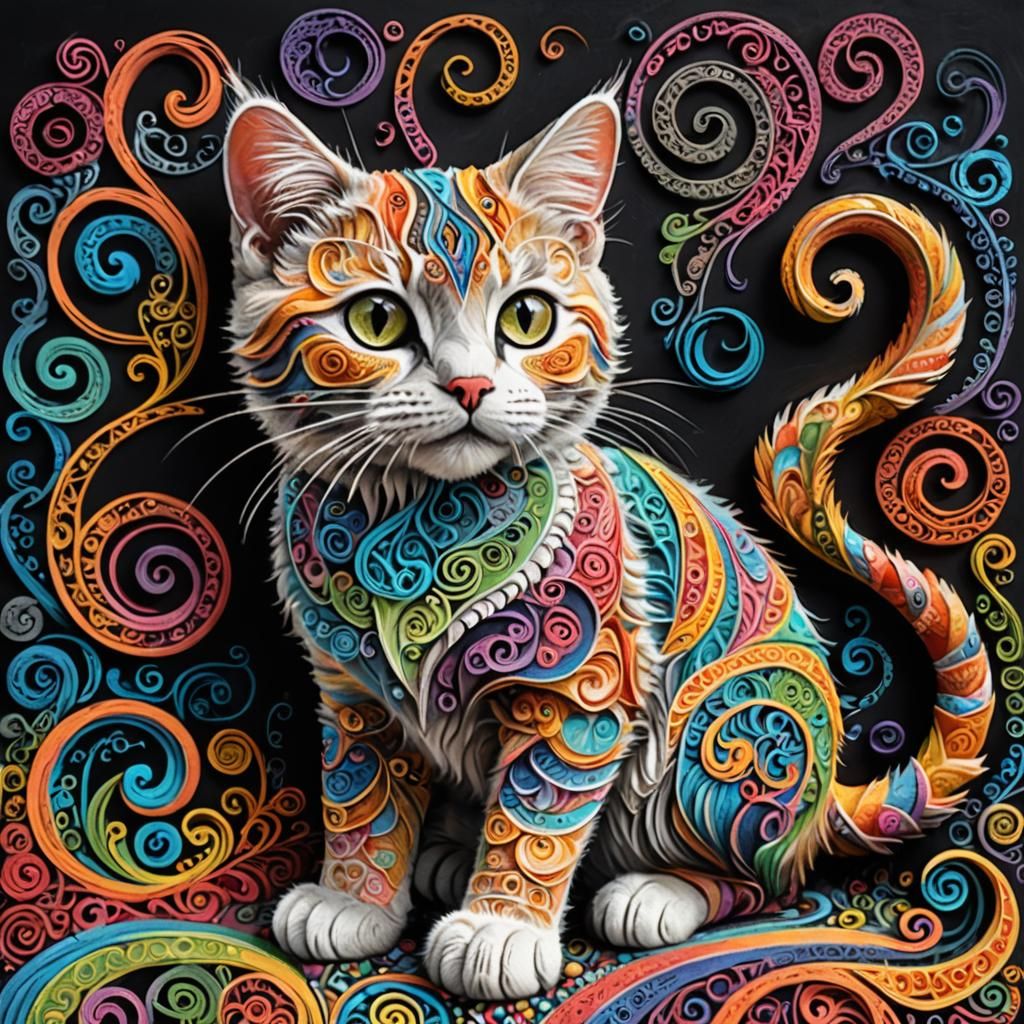 Colorful Chalk Art Cat with Zentangle Patterns