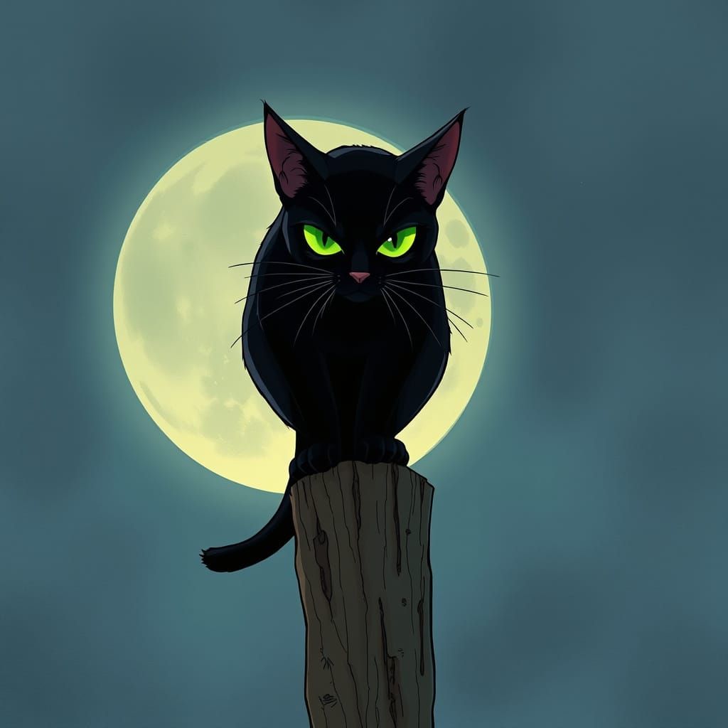 Menacing Anime Cat Perches on a Moonlit Pole