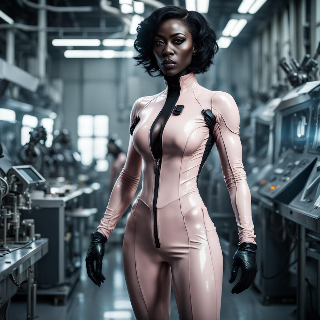 African Woman in Latex Catsuit, Dystopian Sci-Fi
