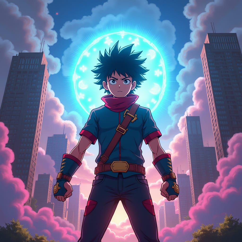 Deku Heroic Stance in Dreamlike Cityscape