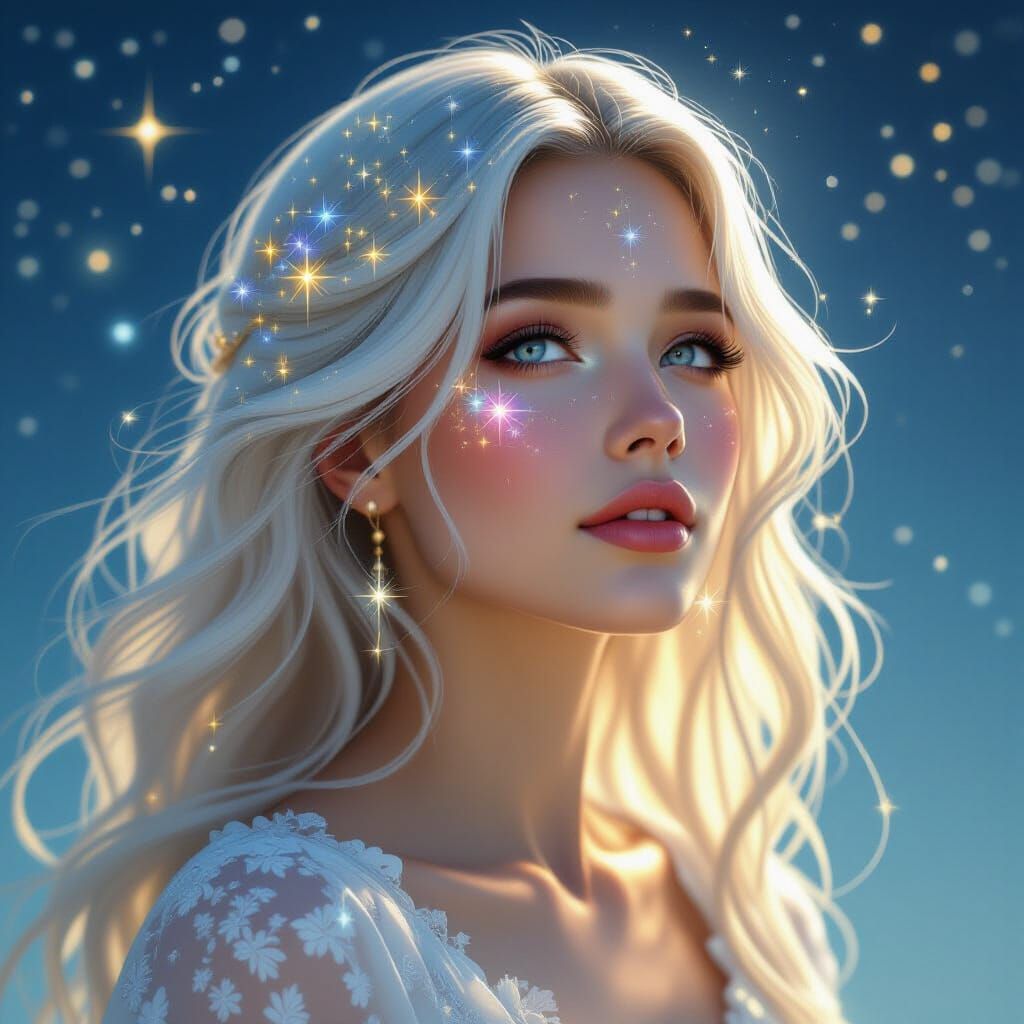 Ethereal Starlight Woman, Digital Art Nouveau Painting