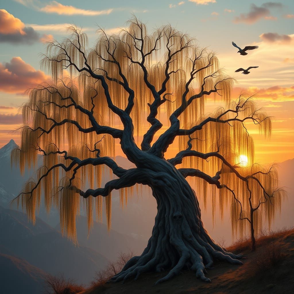 Ancient Willow Guardian in Snow-Capped Mountain Landscape