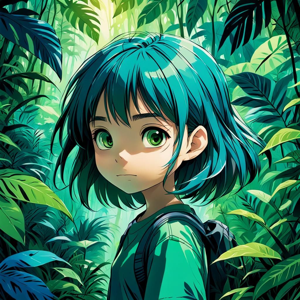 Anime Girl Exploring Jungle in Vibrant Illustration