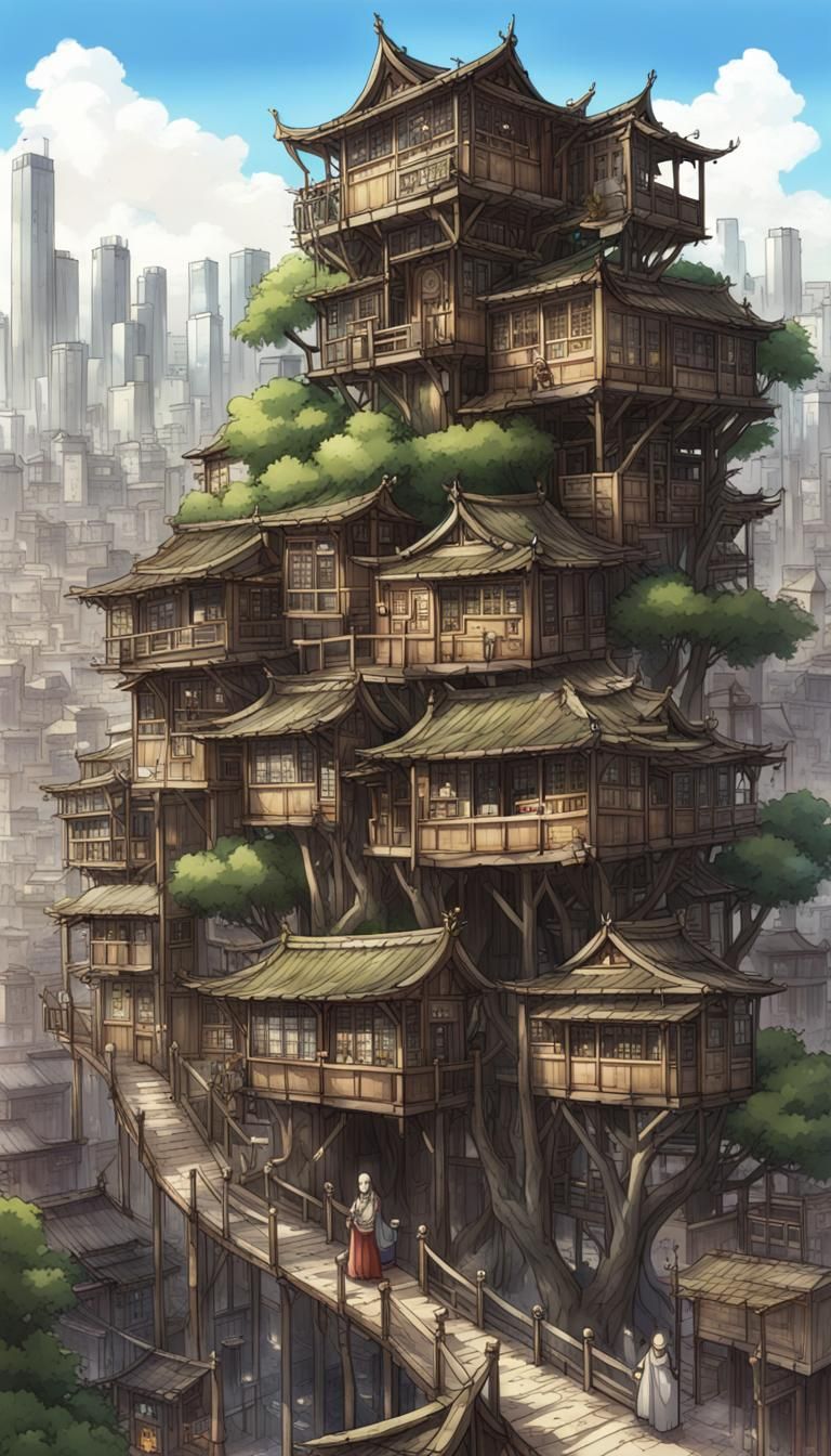 Medieval Kowloon Treehouse City in Anime Style