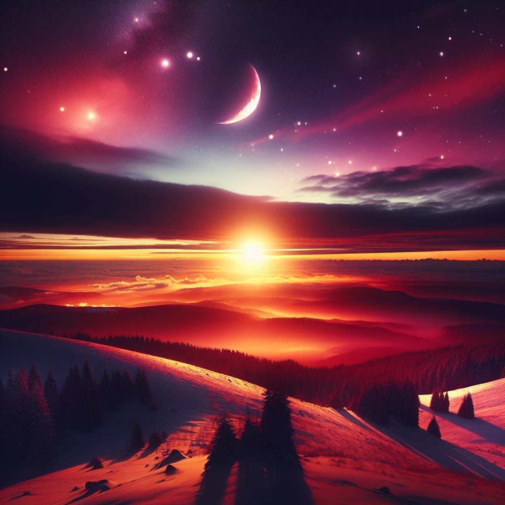 Winter Sunset with Shimmering Stars and Golden Clouds