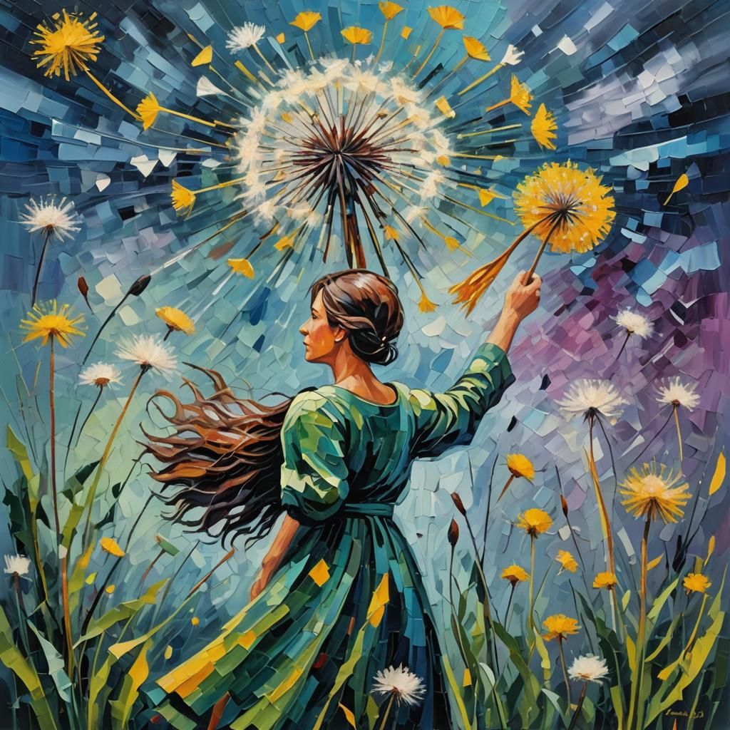 Strong Woman and Giant Dandelion in Storm