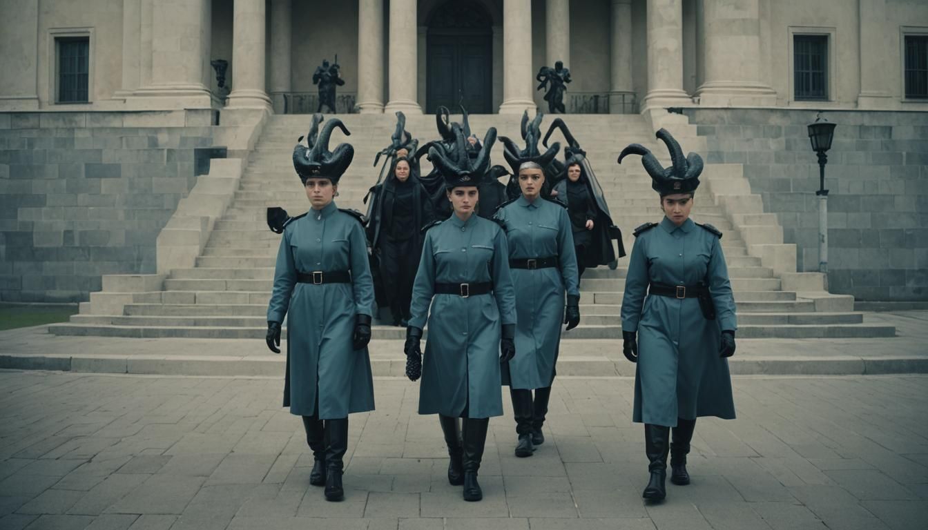 Hydra-Headed Guards Attend Funeral in Dark Fantasy Style