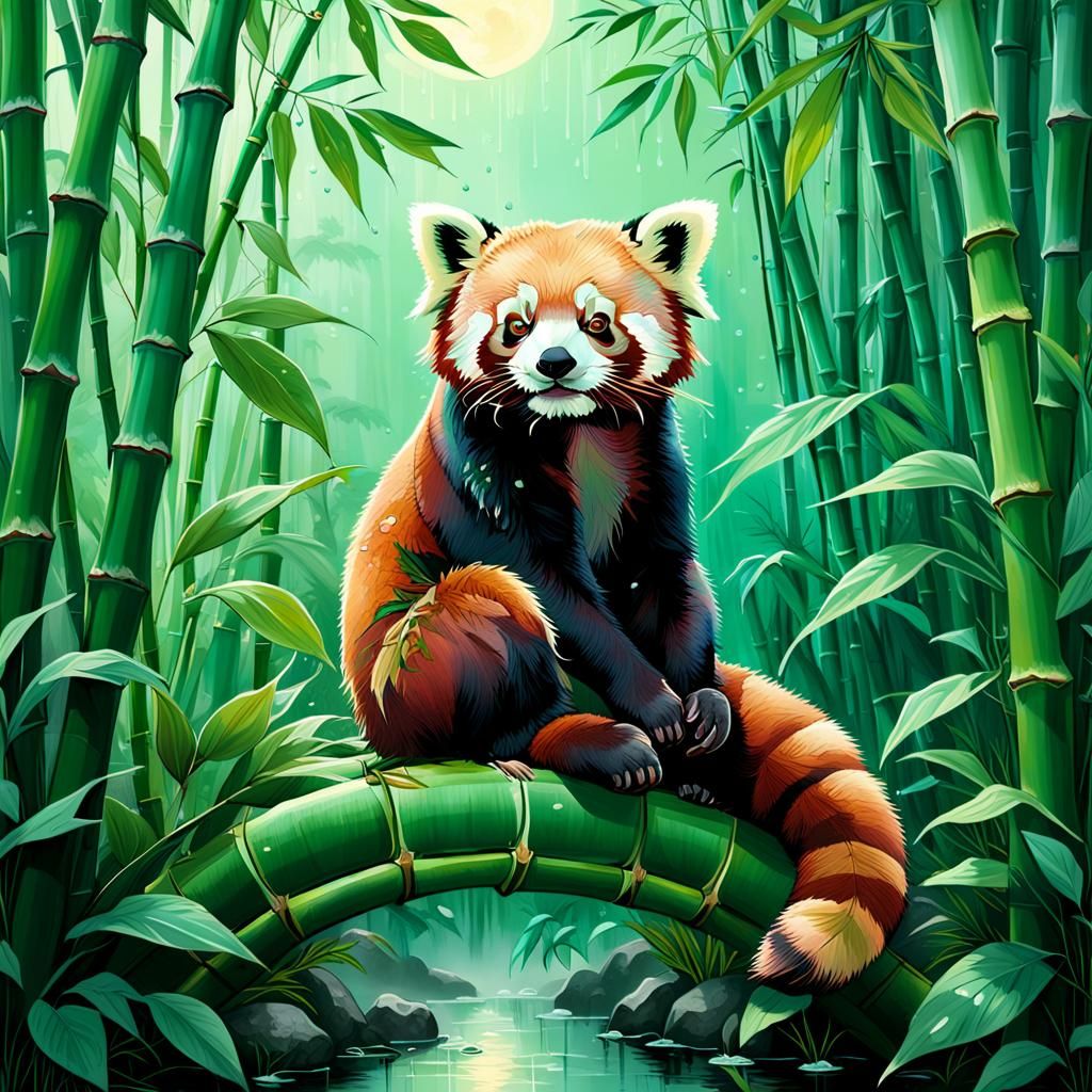Red Panda in Moonlit Forest: Art Nouveau Style