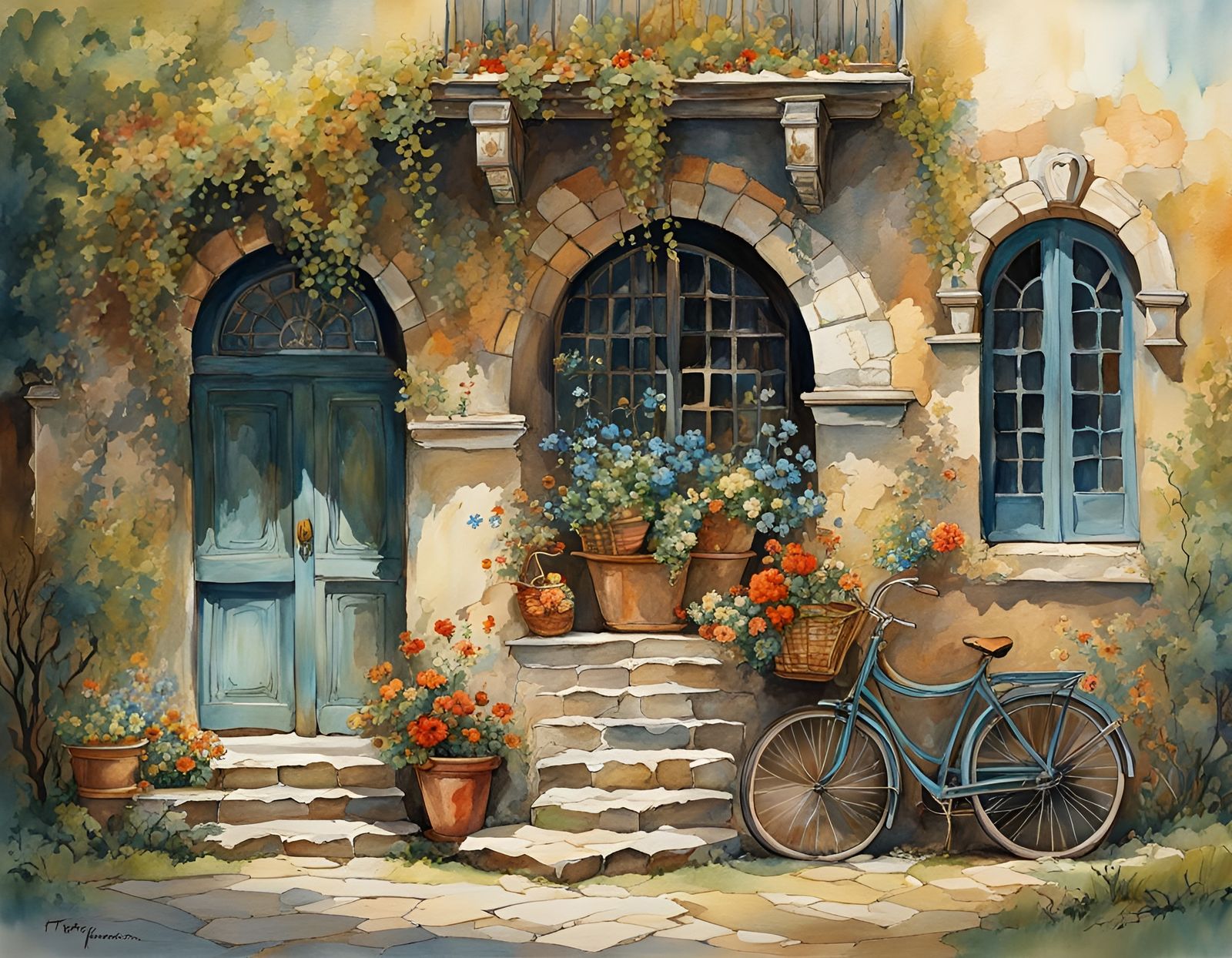 Eroding Stone Wall with Bicycle, Art Nouveau Rococo Style