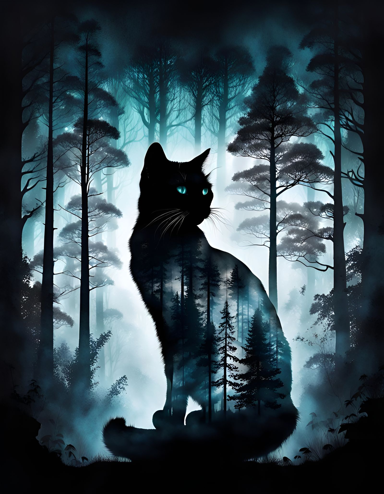 Misty Night Forest Cat Silhouette Double Exposure Art