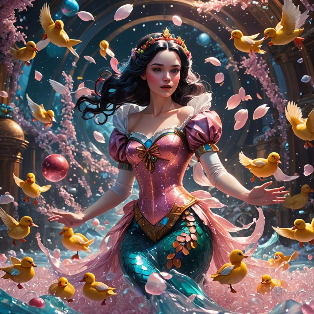 Snow White Space Mermaid with Ducks, Art Nouveau Style