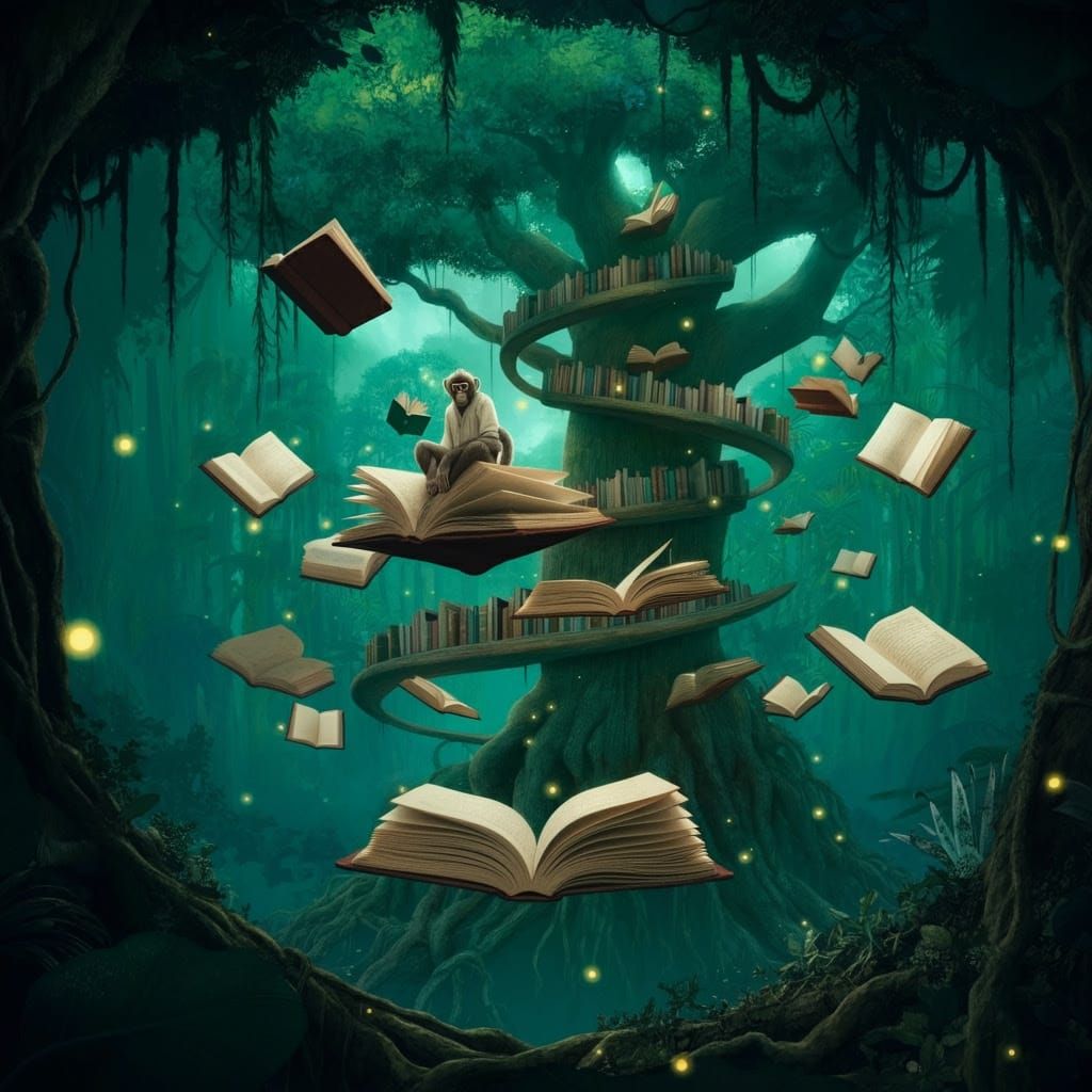 Dreamlike Oasis: Whimsical Library Amidst a Surreal Jungle