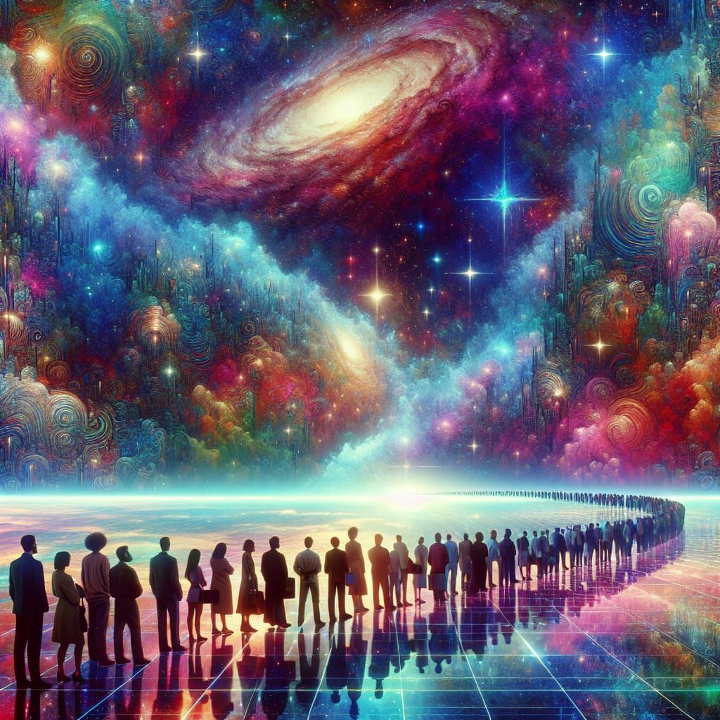 Cosmic Queue: Holographic Astral Universe Illustration