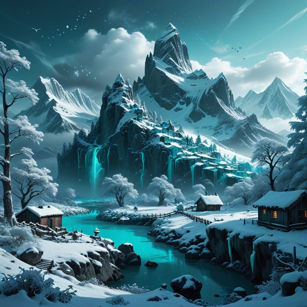 Enchanted Winter Utopia in Vibrant Cyan and Turquoise