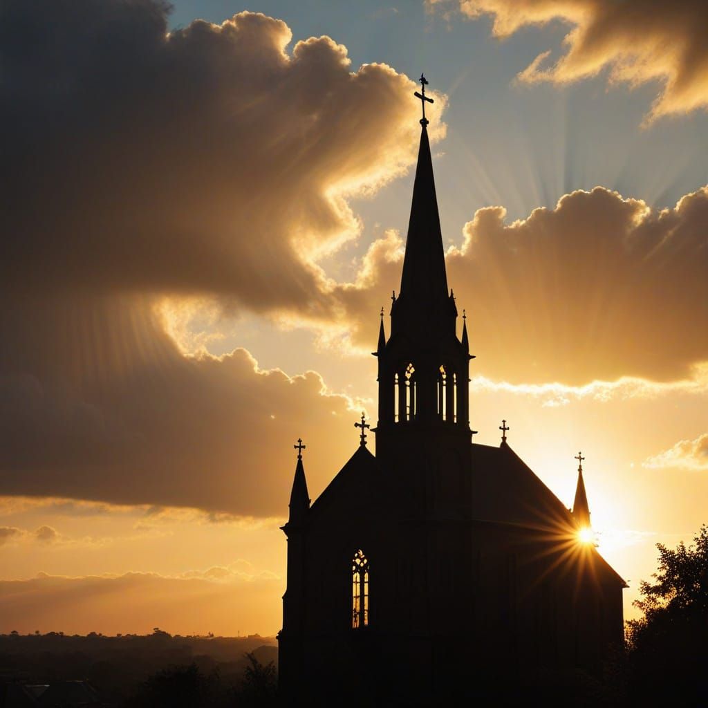 Golden Silhouette Of Church At Sunset