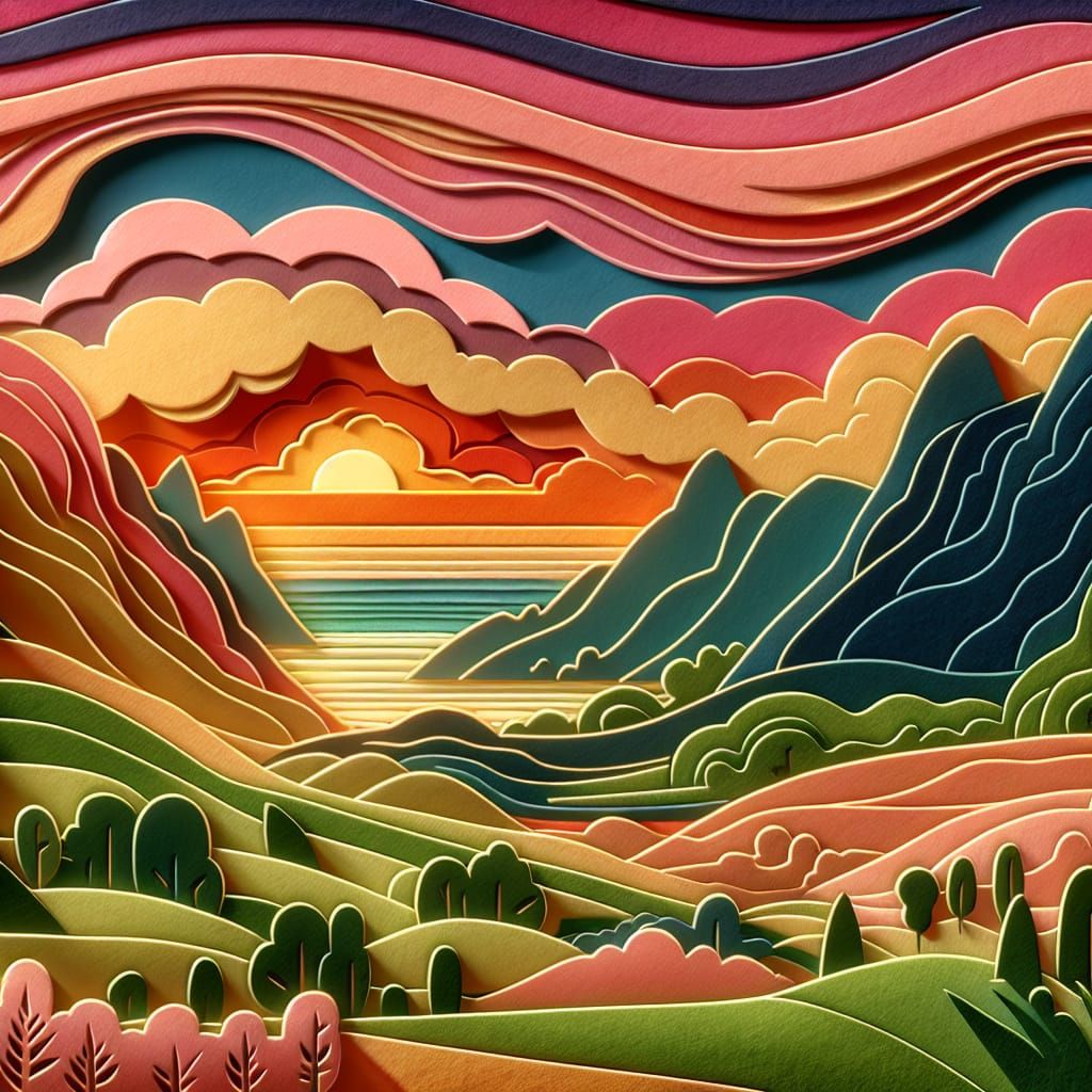 Felt Fantasy Landscape at Sunset in Art Nouveau Style