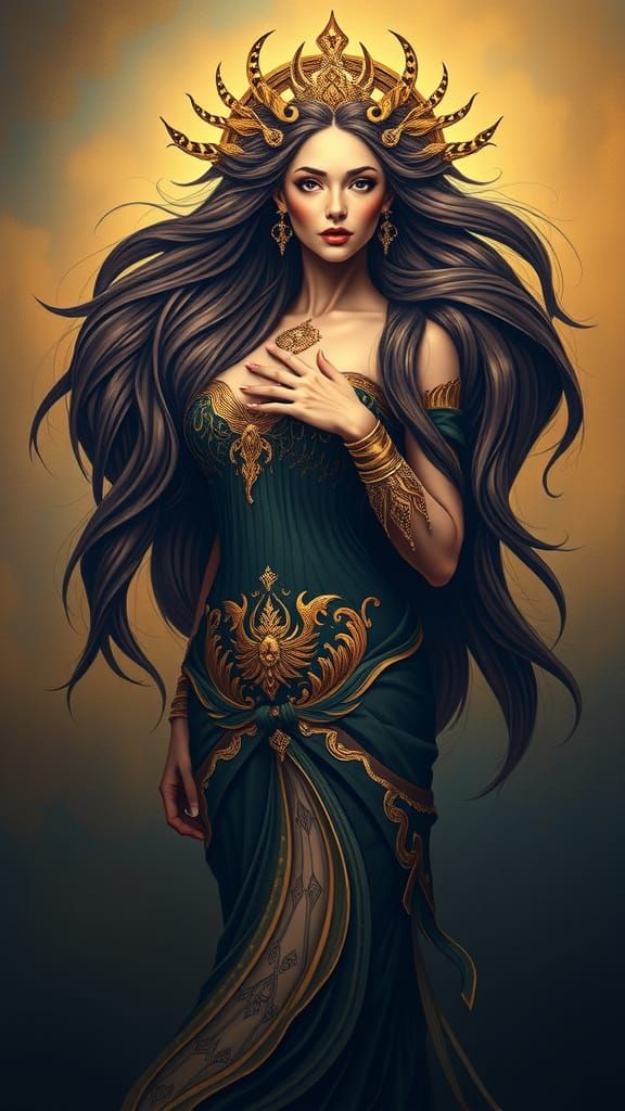 Ethereal Goddess in Golden Hues and Blues