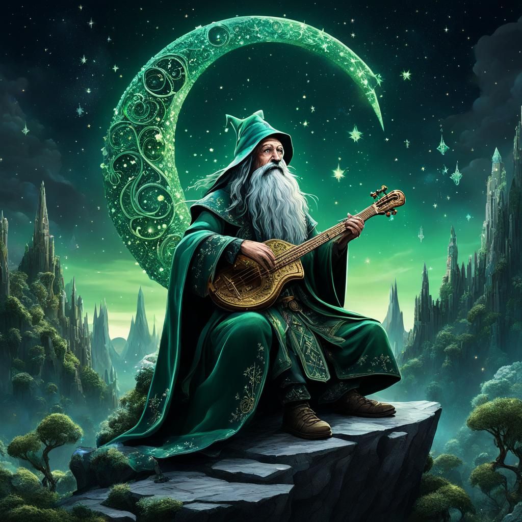 Wizard Plays Music Atop Crystal in Fantasy Landscape