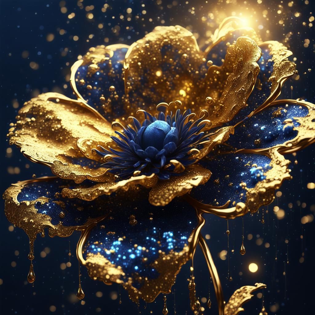 Gold and Dark Blue Flower with Sparkles