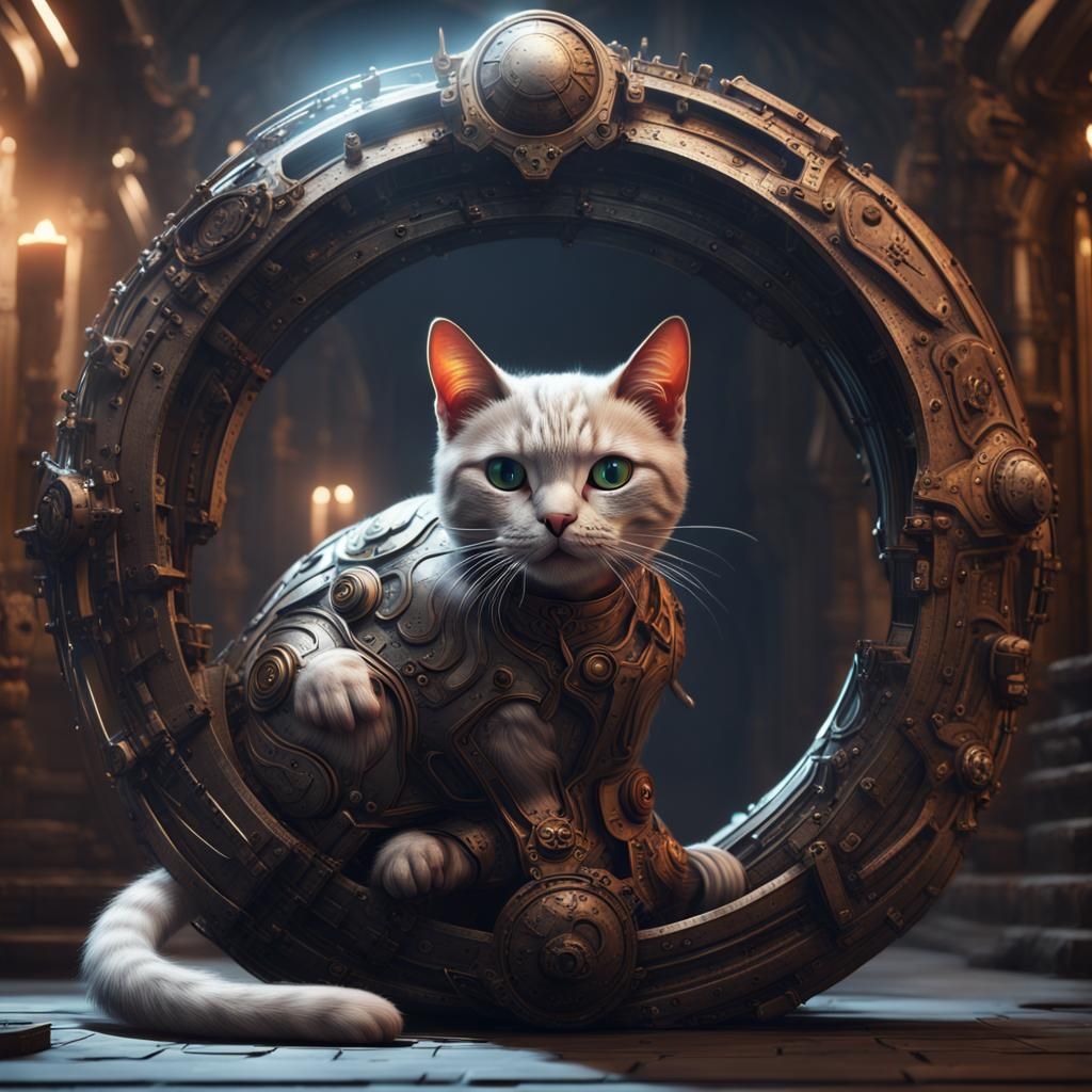 Metallic Cat Emerges from Portal: Fantasy Concept Art