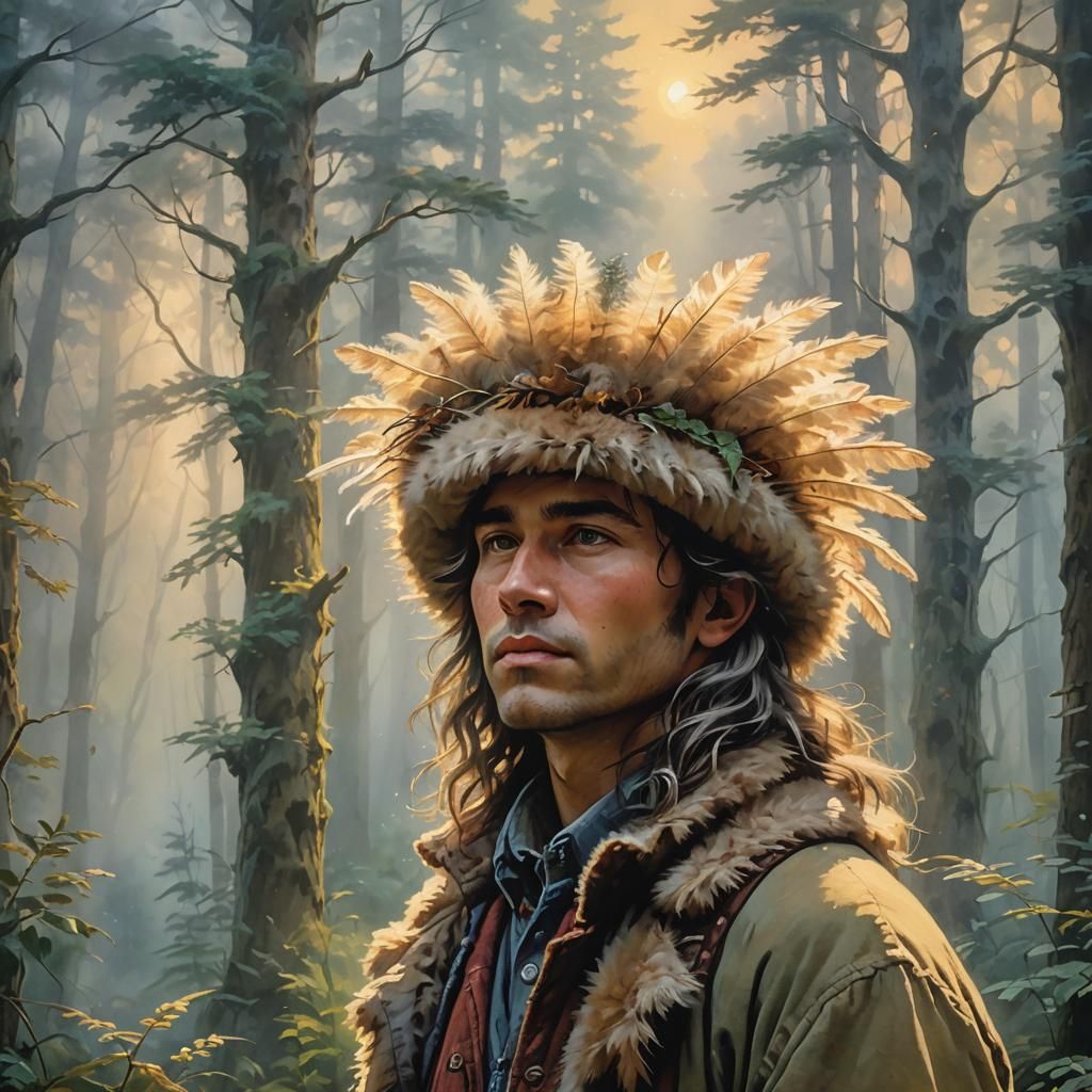 Misty Forest Coonskin Hat Portrait in Gouache Style