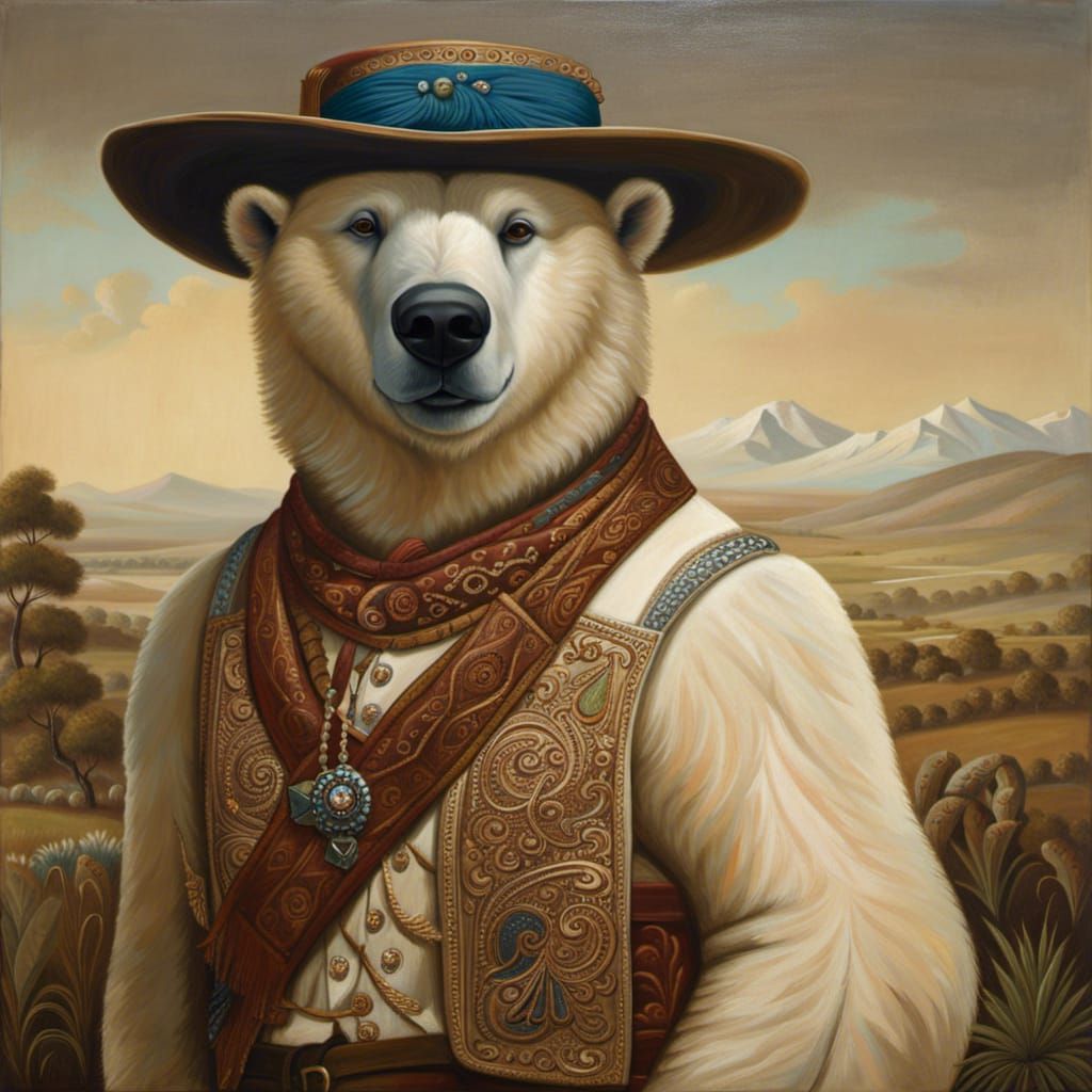 Polar Bear Gaucho in 1800s Pampas, Oil Painting