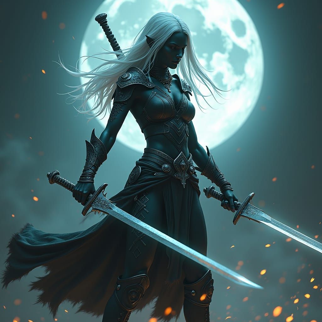 Drow Warrior in Moonlight with Glowing Runes